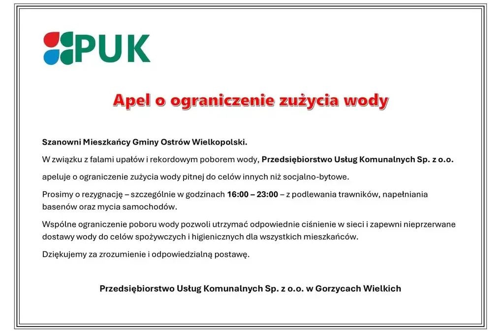 Apel o oszczędzanie wody w gminie Ostrów Wielkopolski podczas upałów
