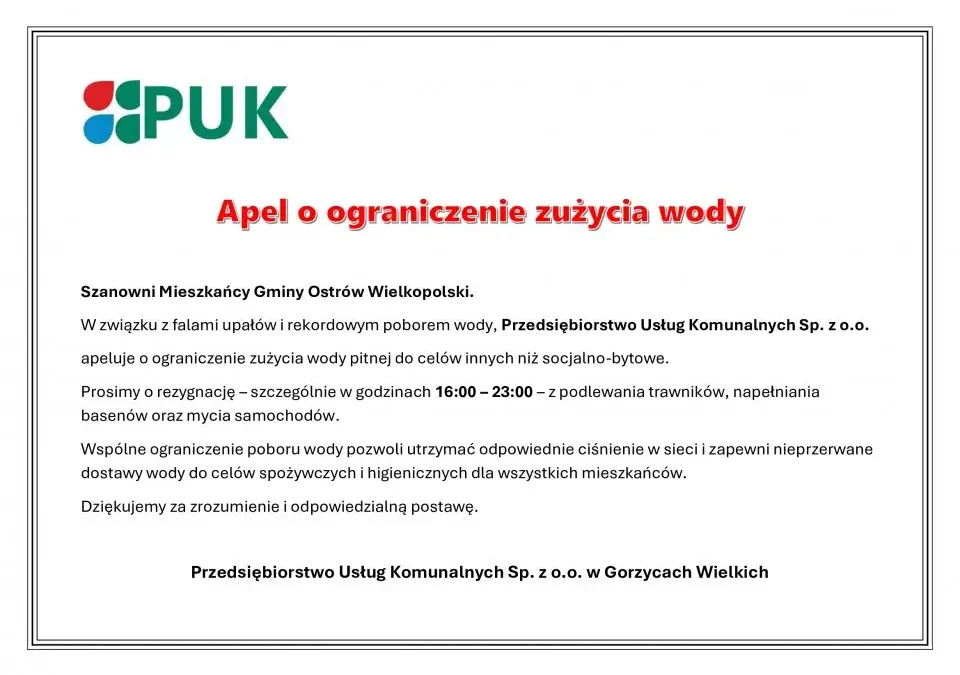 Apel o oszczędzanie wody w czasie upałów – PUK Gorzyce Wielkie prosi o rozsądne korzystanie z wodociągów