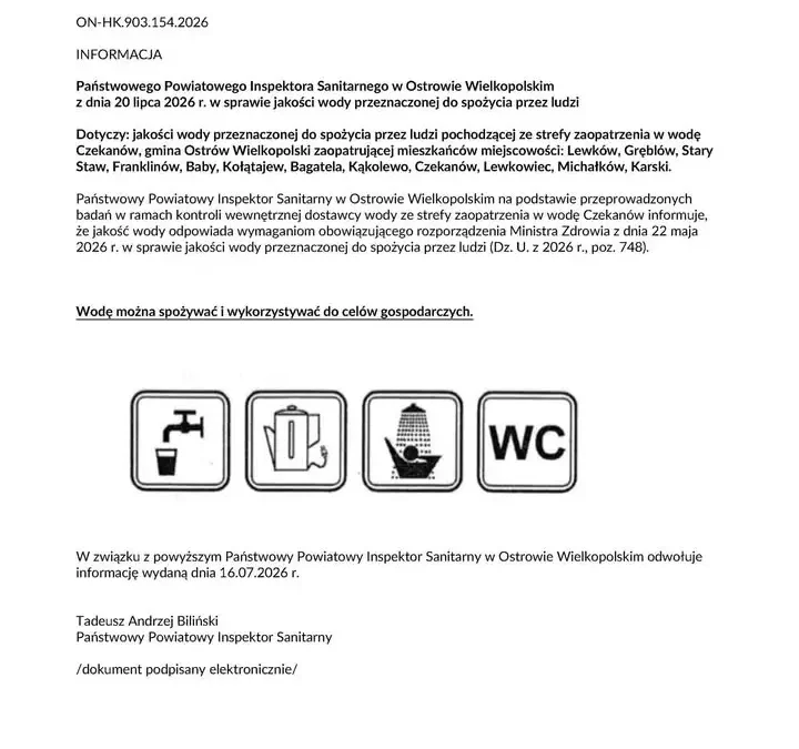 Woda z wodociągu Czekanów ponownie zdatna do picia – Sanepid odwołuje ostrzeżenie