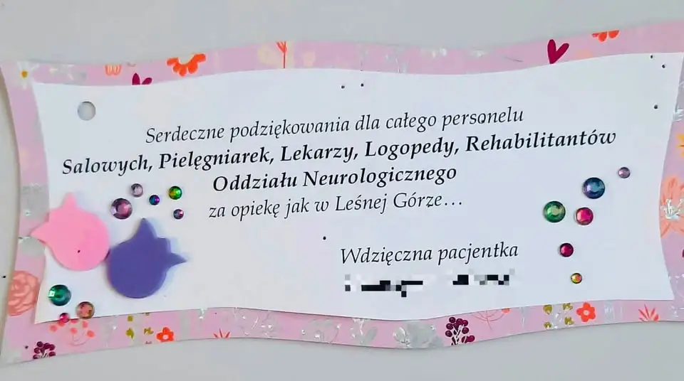 Pacjentka dziękuje personelowi Oddziału Neurologicznego w Ostrowie Wielkopolskim