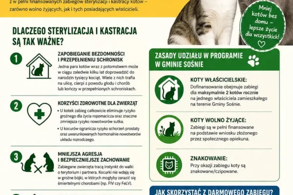 Darmowa sterylizacja i kastracja kotów w Gminie Sośnie w 2026 roku