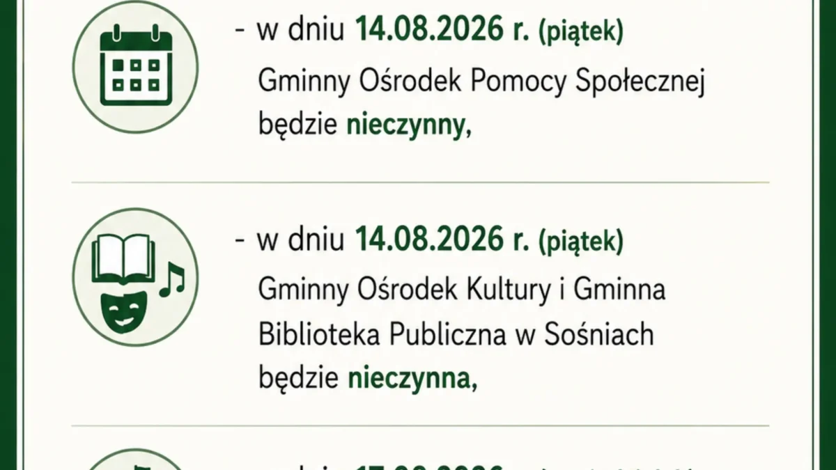 Urząd Gminy Sośnie i jednostki – dni wolne w sierpniu