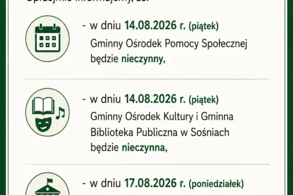 Urząd Gminy Sośnie i jednostki – dni wolne w sierpniu