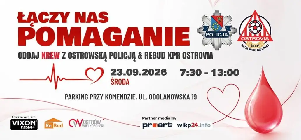 Ostrów Wielkopolski: za tydzień akcja „Łączy nas pomaganie” – oddaj krew z policją i Rebud KPR Ostrovia