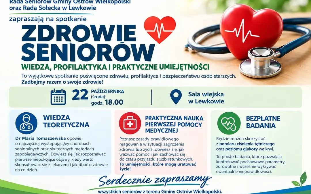Seniorzy z gminy Ostrów Wielkopolski spotkają się w Lewkowie. Będzie nauka pierwszej pomocy i bezpłatne badania