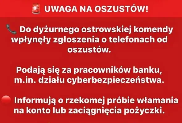 Ostrzeżenie przed oszustami podszywającymi się za pracowników banku