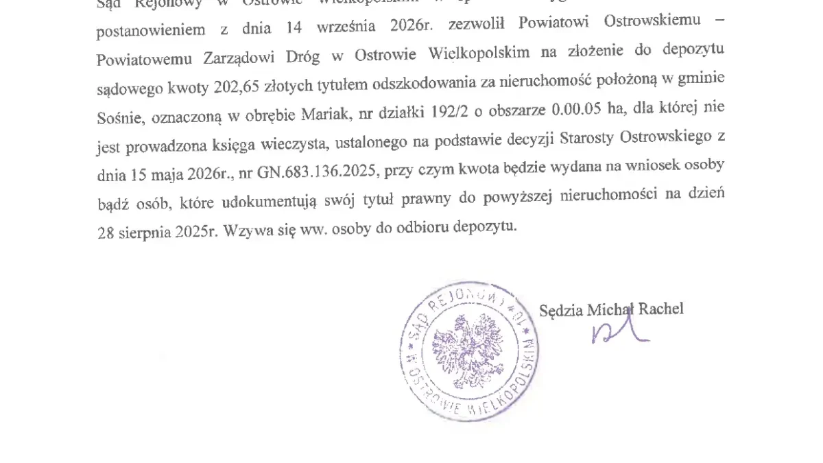 Sąd w Ostrowie Wielkopolskim wzywa do odbioru depozytu za działkę w gminie Sośnie