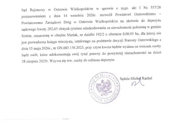 Sąd w Ostrowie Wielkopolskim wzywa do odbioru depozytu za działkę w gminie Sośnie